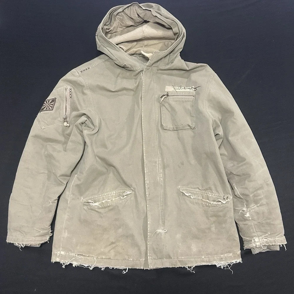 Billabong Military Parka Jacket Mens Medium Distressed Khaki Hooded Cotton Y2K